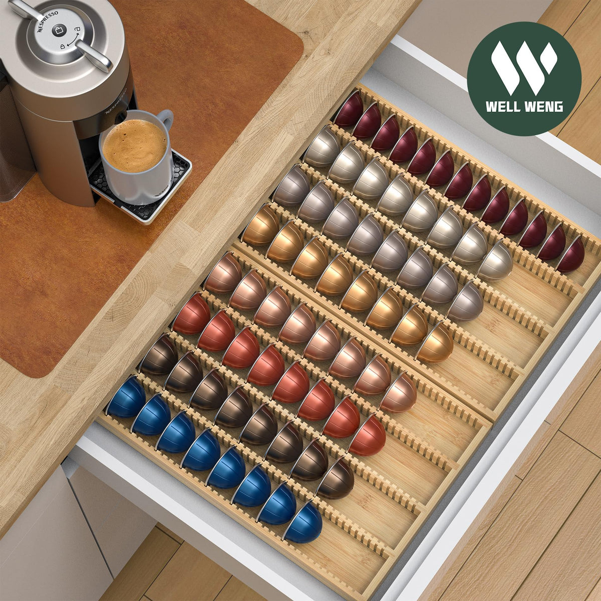 WELL WENG for Nespresso Vertuo Capsules - Premium Bamboo Coffee Pod Drawer Insert Organizer for Counter 15"Dx10"Wx1.5"H (40 Big or 52 Small pods)