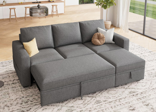 HONBAY Modular Sectional Sleeper Sofa with Pull Out Bed, L Shaped Couch with Storage Seat, Modular Sectional Couches for Living Room - Dark Grey
