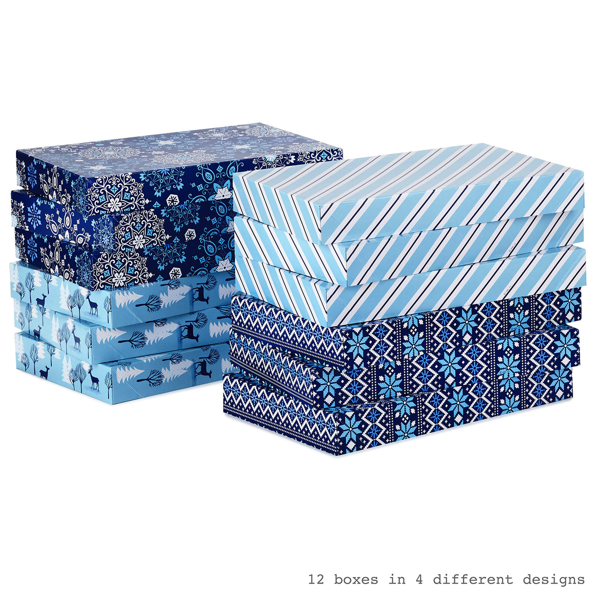 Hallmark Medium Holiday Gift Boxes with Lids (12 Shirt Boxes, 4 Designs: Snowflakes, Stripes, Sweater Pattern, Reindeer) for Christmas, Hanukkah, Holiday Parties, Hostess Gifts