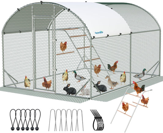 Quictent Essential Series 12x9x6.6ft Metal Chicken Coop Run with Climbing Ladder, Walk-in Outdoor Poultry Cage with PVC Coated Chicken Wire, Hen Duck Rabbit Farm House, Waterproof Anti-UV Cover