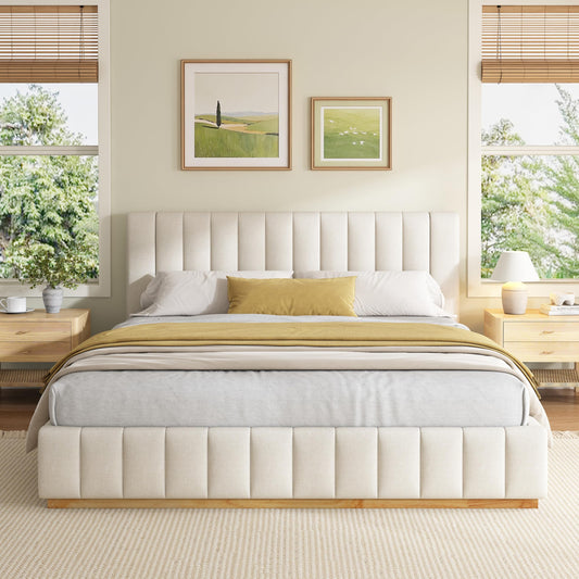 FammyLoft King Size Bed Frame, Elegant Striped Fabric Upholstered Bed Frame, Minimalist Bed Frame with Padded Headboard, 800 lbs Support, Modern King Bedroom Furniture,Beige