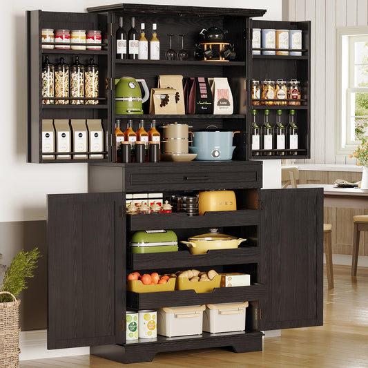 IRONCK Farmhouse Pantry Cabinet, 72" Tall Kitchen Storage Cabinet, Freestanding Cupboard with Sliding Rack & 6 Hanging Shelves,Kitchen Pantry Furniture for Dining Room, Easy Assembly, White