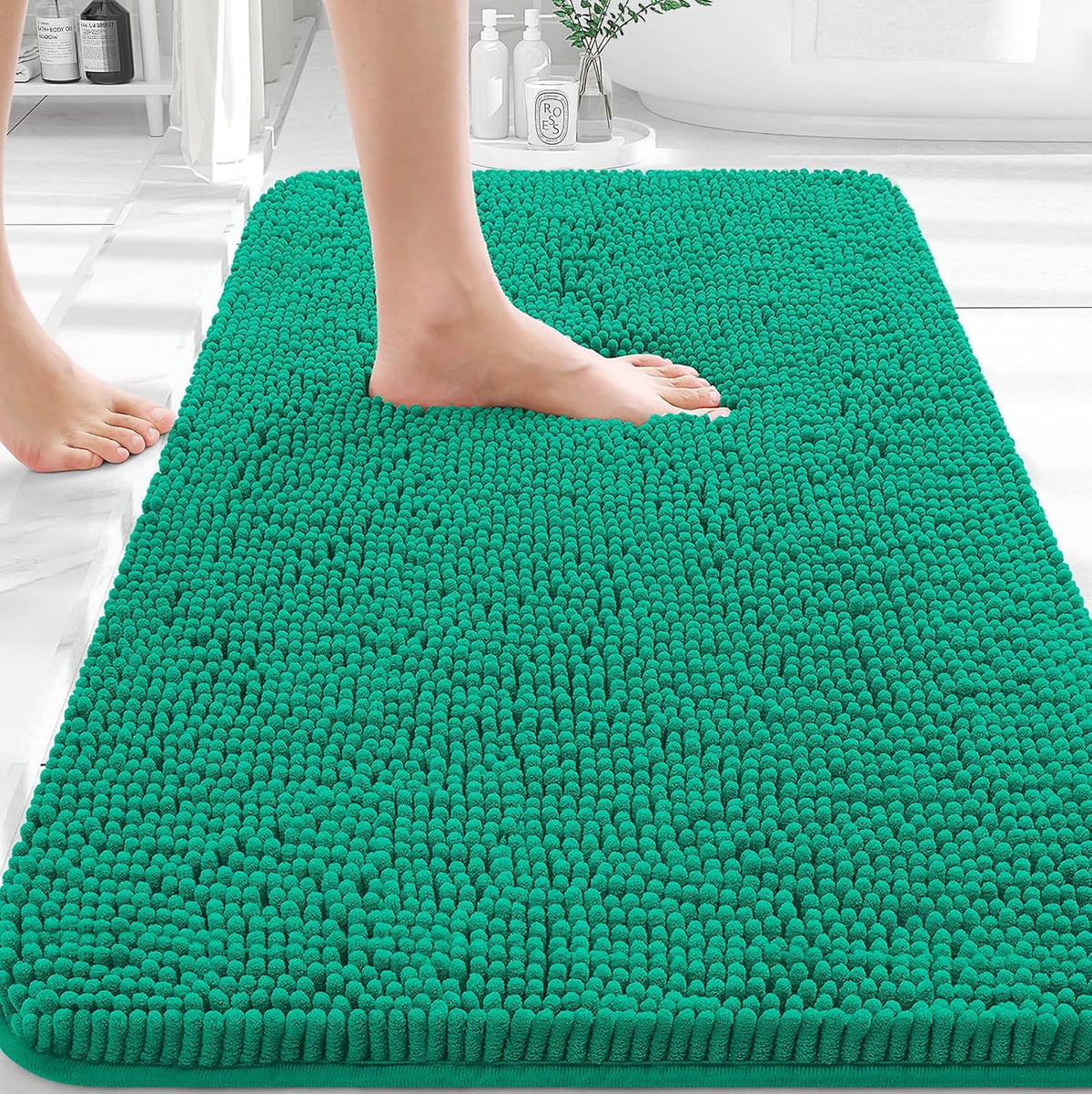 OLANLY Extra Soft Chenille Bathroom Rugs - 36x24 Quick Dry, Machine Washable, Rubber Backing | Emerald Green