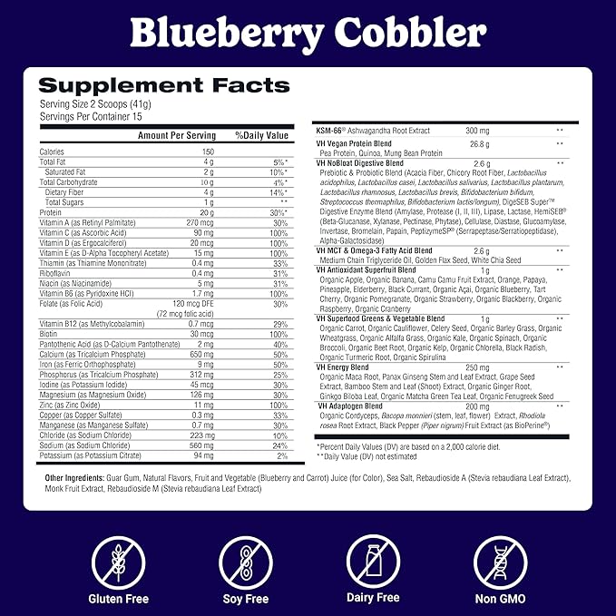 VitaHustle ONE Meal Replacement Shake - Plant Based Protein Powder by Kevin Hart - Vegan, Meal Replacement Powder with Superfoods, Vitamins, Adaptogens & Probiotics - Blueberry Cobbler Flavor, 15 Servings