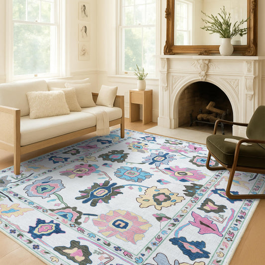 Fame Living Colorful Oushak Rug, Modern, Vintage, Turkish, Eclectic, Floral, Pastel, Washable, Large Area Rugs for Living Room, Dining, Bedroom, Girls, Boys, 7'5"x9'8"