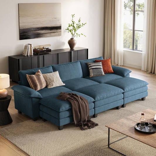 LINSY HOME Modular Sectional Sofa - 123 Inch Oversized Corduroy Cloud Couch with Movable Ottoman Soft Modern Comfy Sofa Set for Living Room Apartment Office, Blue