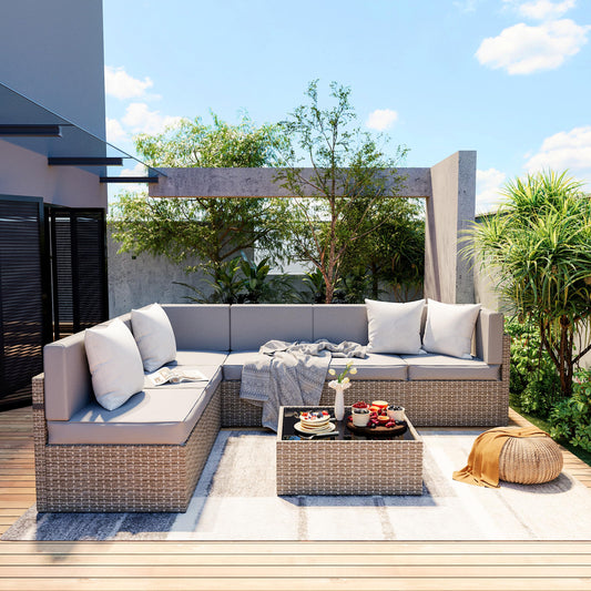 Pamapic 7-Piece Outdoor Sectional Furniture Set, All-Weather Wicker Patio Sofa with Washable Cushions, Gray Waterproof Rattan Conversation Set for Backyard, Poolside, Garden (Gray Cushions)