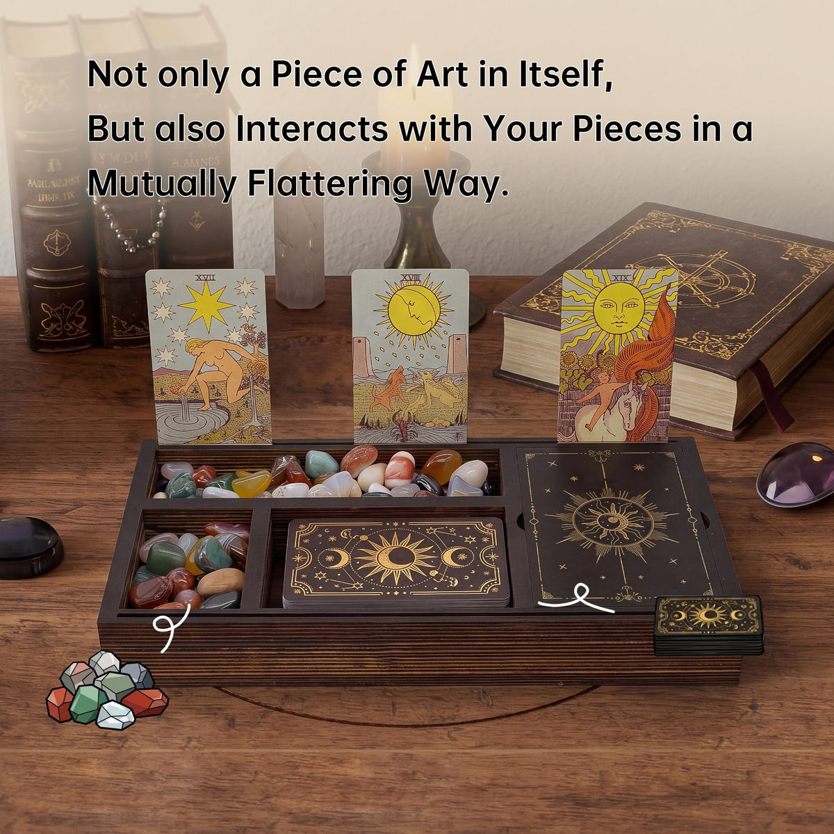 Tarot Card Holder Wooden Crystal Tray, Tarot Card Box and Wiccan Supplies, Witchcraft Altar Supplies Pagan Tarot Box Decor Witchy Gifts Meditation Accessories Witch Stuff Astrology Decor
