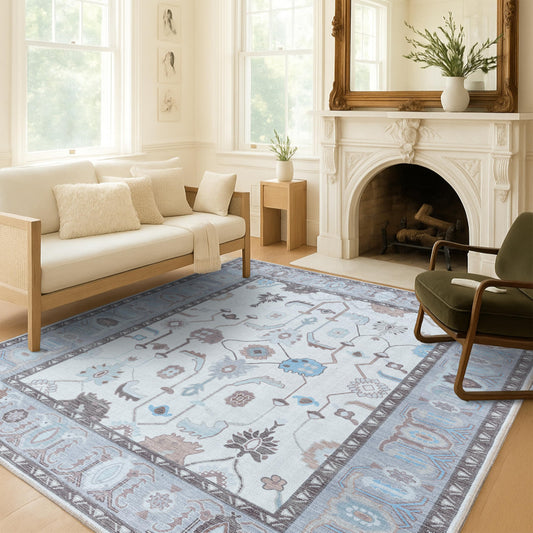 Fame Living Faded Oushak Rug, Turkish Vintage Floral Pastel Large Oversized Area Rugs for Living Room Dining Bedroom Kitchen Bathroom Nursery (854CGRY, 7'5" x 9'9")