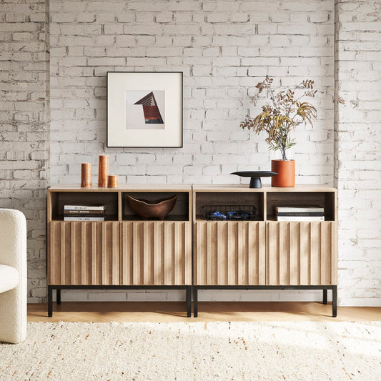 mopio Norwin Storage Cabinet, Sturdy Modern Rustic Industrial Buffet Sideboard, Fluted Accent Storage Cabinets, Credenza, Oak Wood TV Stand, Entertainment Center, Media Console, Living Room (Double)