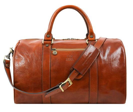 Time Resistance Full Grain Leather Small Duffel Bag - Gym Weekender Overnight Bag (Cognac Brown)