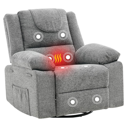 Adults Oversized Rocking Nursery Glider Recliner Chair,360° Swivel Rock Recliner Chairs Single Sofa with Vibration Massage and Heating for Living Room/Bedroom,Grey