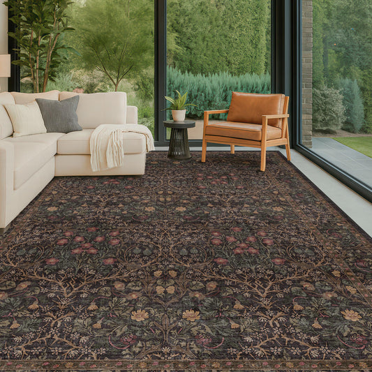 Washable Area Rugs 9x12 Living Room - Dark Brown Large Rug for Dining Room Under Table, Bedroom, Soft Low Pile Non-Slip Stain Resistant Carpet - Vintage Floral Plant Design