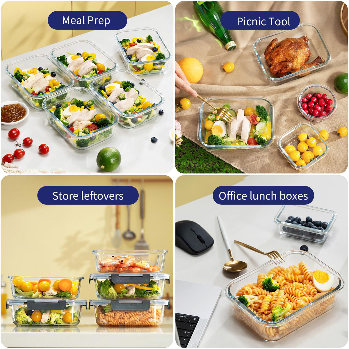 MFY 5-Pack 36 OZ Glass Storage Containers with Lids, Glass Meal Prep Containers Set, Airtight Lunch Containers with Lids, Microwave, Oven, Freezer and Dishwasher Safe, Gray