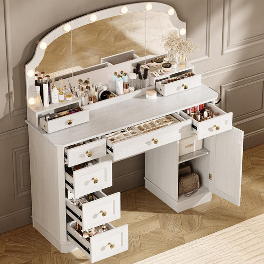 AMBERHAUS Farmhouse Makeup Vanity Desk with Mirror and Lights, 47'' Vanity Table with 8 Storage Drawers 1 Cabinet & 2 Organizer Trays, Big Dressing Table with Charging for Bedroom Classic White