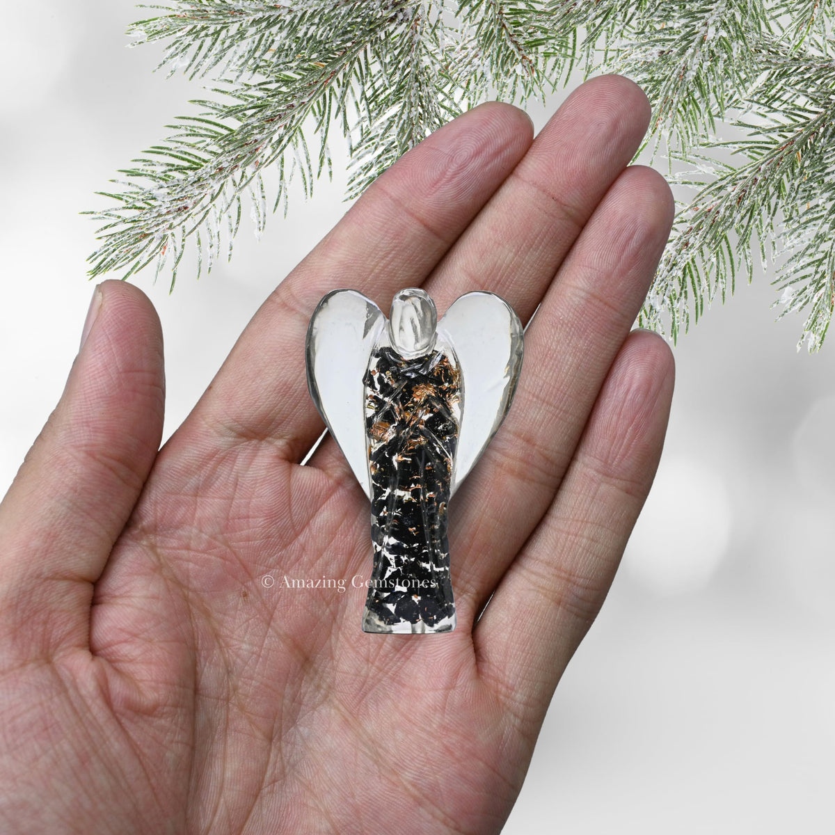 Amazing Gemstone Black Tourmaline Guardian Angel Figurine Pocket Crystal Angel for Protection - Orgone Guardian Angel with Orgonite Layer and Natural Crystal for Healing Gift (2 Inch, Organite)