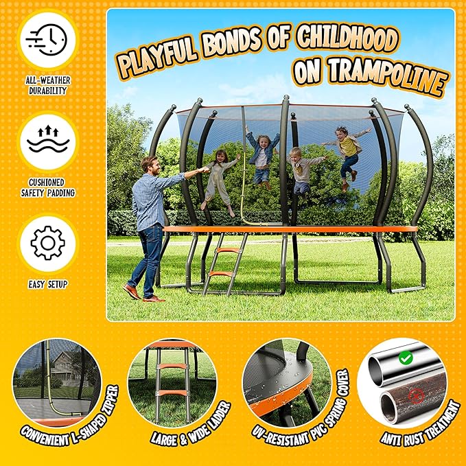8FT 10FT 12FT 14FT 16FT Trampoline with Pop-up Quick Connector and Basketball Hoop, Trampoline Outdoor with Enclosure, Ladder, ASTM Approval for Kids and Adults