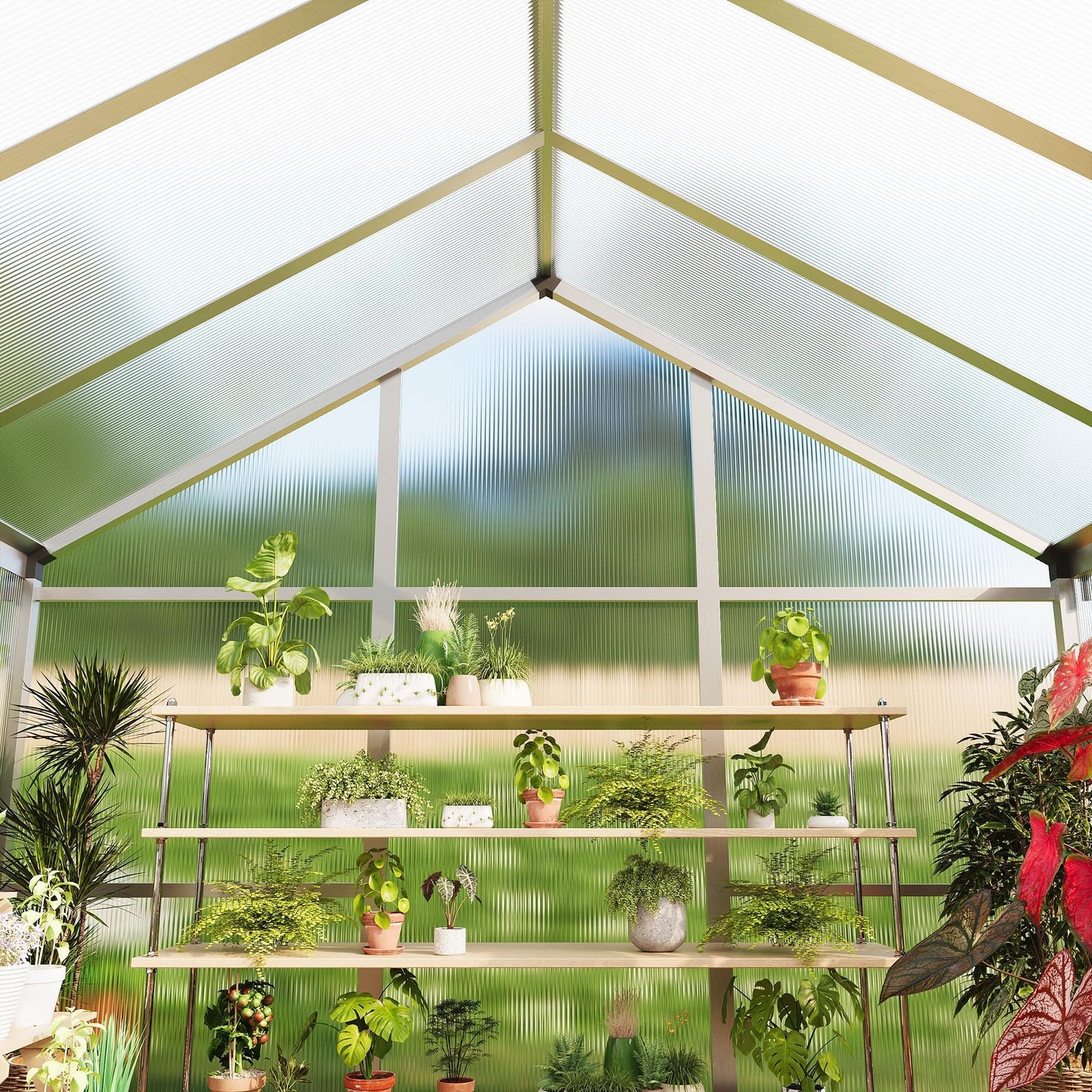 8x12 FT Greenhouse for Outdoors, Polycarbonate Greenhouse with Roof Vent, Ground Nails, Lockable Push Door, Aluminum Large Walk-in Green House for Outside Garden Backyard, Patio, Lawn, Silver