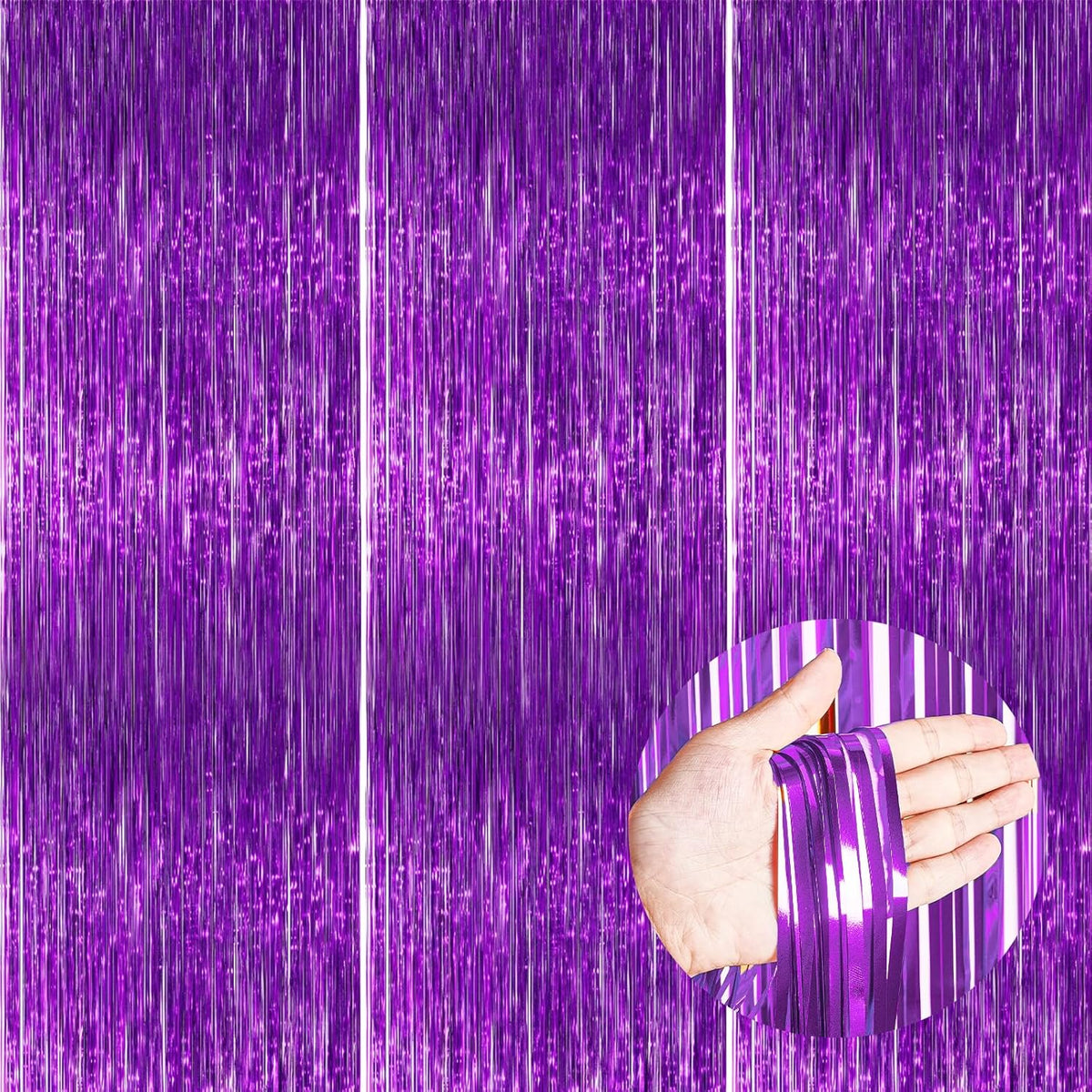 PartyWoo Foil Fringe Curtain - 3pcs 8.2ft Metallic Tinsel Lavender Streamers for Parties & Events