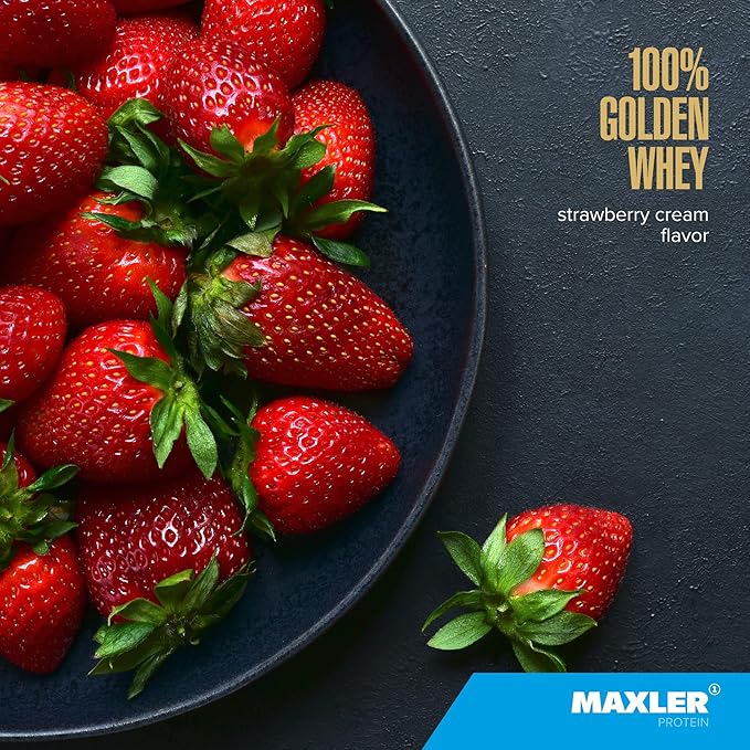 Maxler 100% Golden Whey Protein - 23g of Protein per Serving - Premium Whey Protein Powder for Pre Post Workout - Fast-Absorbing Whey Concentrate, Isolate & Hydrolysate Blend - Strawberry Cream 2 lb