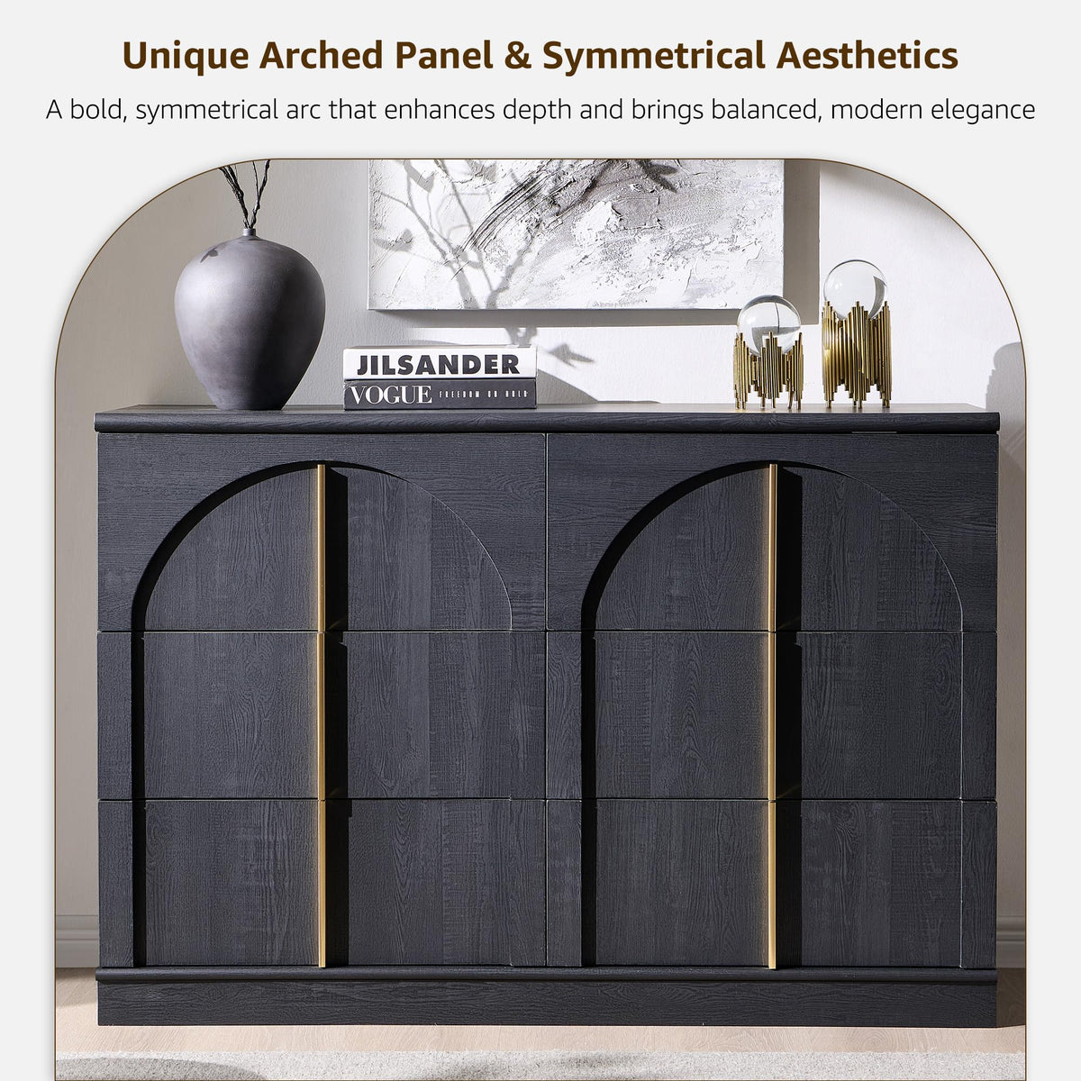 ACCOHOHO Arched Dresser for Bedroom with 6 Drawers, 47.3" Wide Modern Chest of Drawers with Rounded Edge & Metal Handles, Wood Storage Closet Dressers TV Stand for Living Room, Hallway, Black