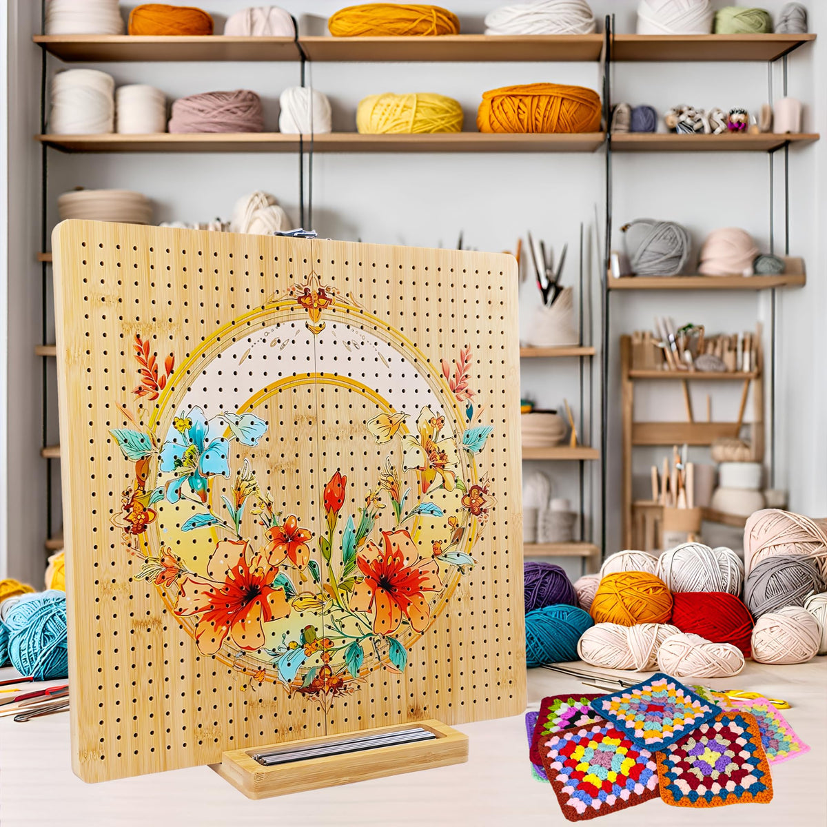 16"x16" Foldable Crochet Blocking Board with 36 Pcs Stainless Steel Rods, Floral Pattern Large Blocking Boards for Crochet Projects, Bamboo Granny Square Blocking Boards Gifts for Crochets Enthusiasts