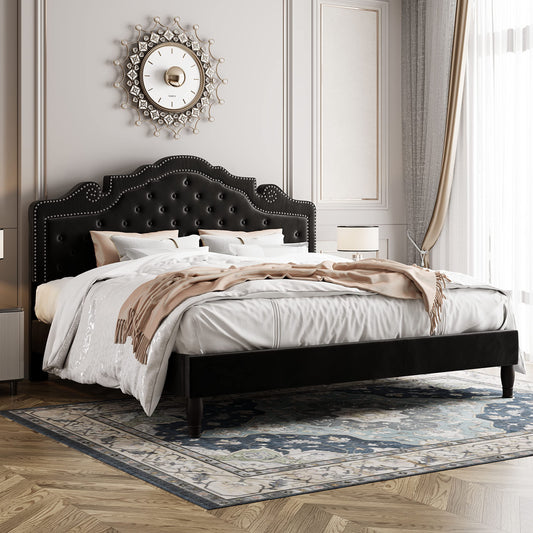Allewie King Bed Frame with Adjustable Velvet Tiara Headboard, Upholstered Diamond Button Tufted Platform Bed, Wood Slats Support, No Box Spring Needed, Mattress Foundation, Easy Assembly, Black