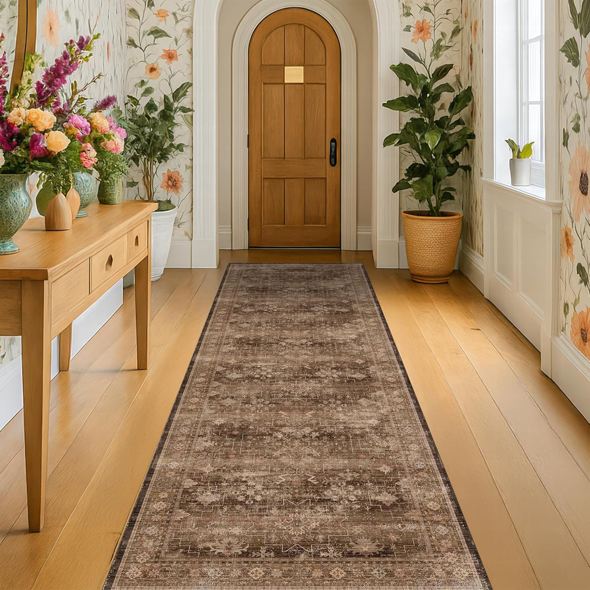 Skiennix Brown Boho Runner Rug - Washable 2x7, Non-Slip, Stain Resistant, Soft Faux Wool for Hallway & Kitchen