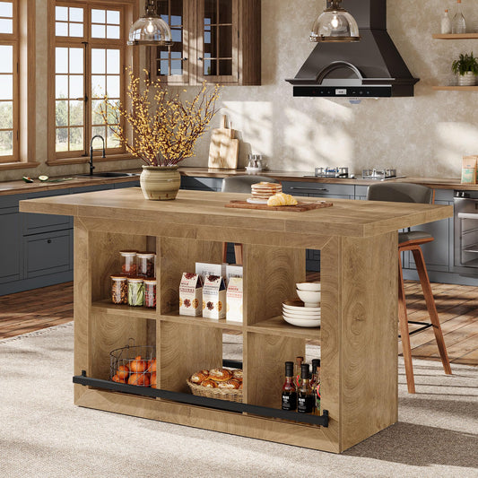 Tribesigns Kitchen Island with Storage, Counter Height Kitchen Island Table with 6 Open Cubbies and Footrests, Coffee Bar Table for Dining Room, Brown