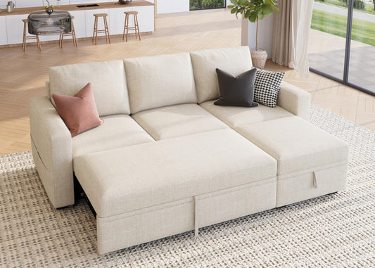 HONBAY Modular Sectional Sleeper Sofa with Pull Out Bed, L Shaped Couch with Storage Seat, Modular Sectional Couches for Living Room - Beige