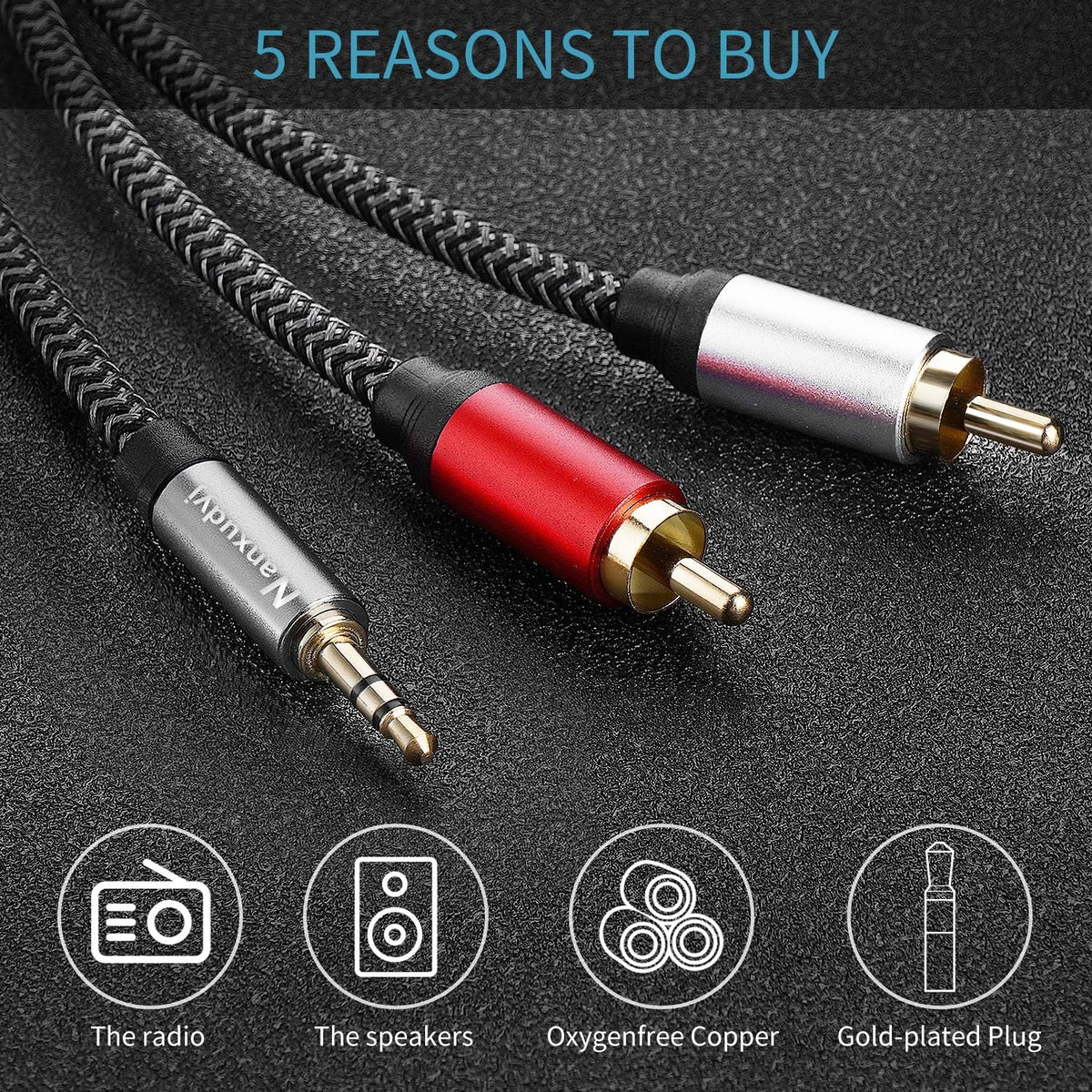 Nanxudyj 3.5mm 2RCA 100ft, MP3 DY66 to Audio Cable, Top Series, Nylon-Braided, for Stereo Receiver Speaker, Smartphone