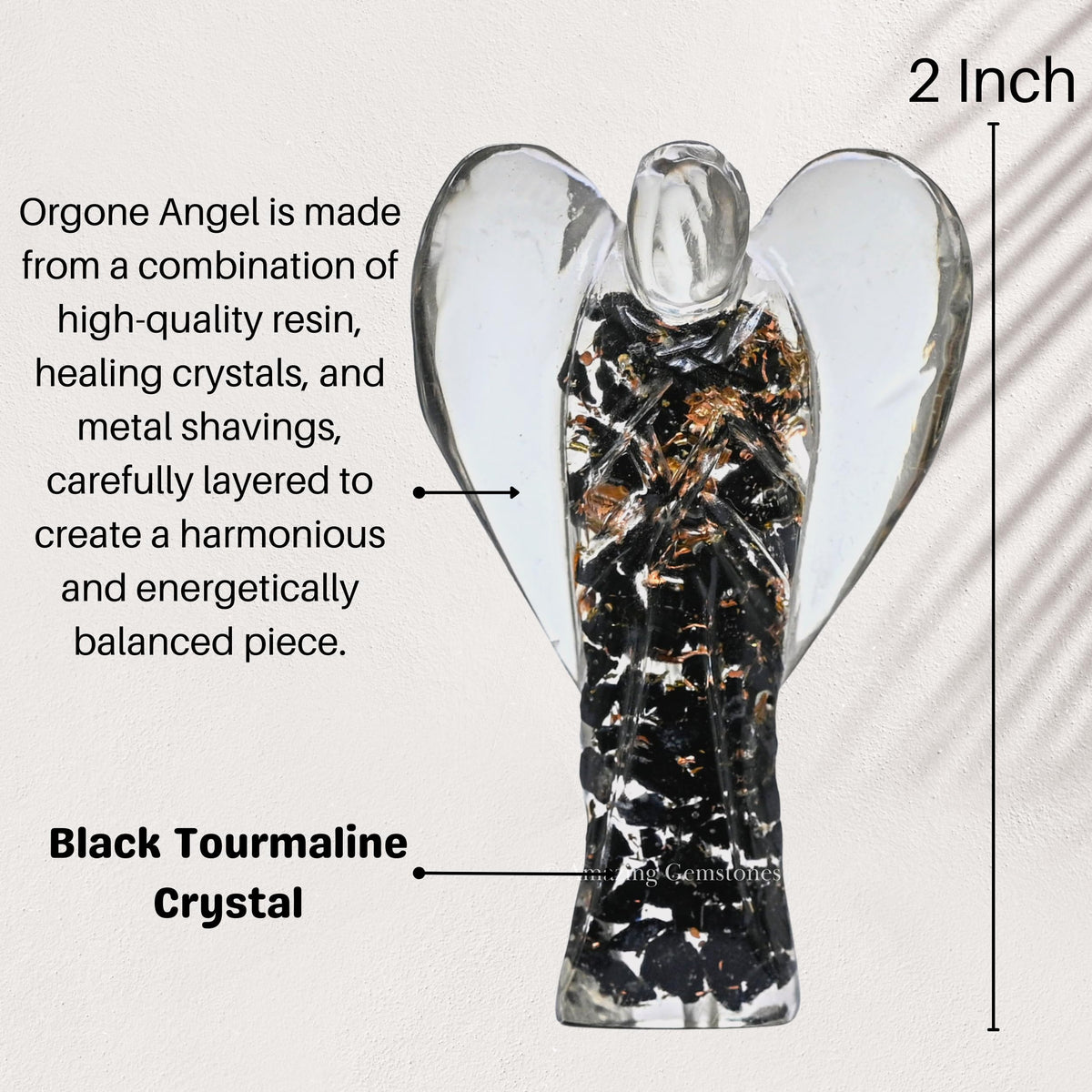 Amazing Gemstone Black Tourmaline Guardian Angel Figurine Pocket Crystal Angel for Protection - Orgone Guardian Angel with Orgonite Layer and Natural Crystal for Healing Gift (2 Inch, Organite)