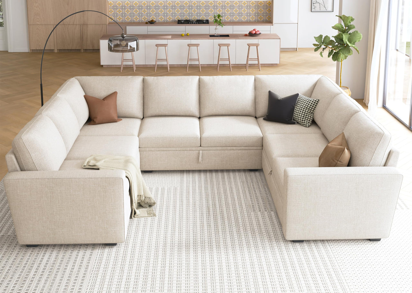 HONBAY Sleeper Sectional Couch with Pull Out Bed, Modular Sofa with Storage Seats, U Shaped Sectional Couches for Living Room, Beige