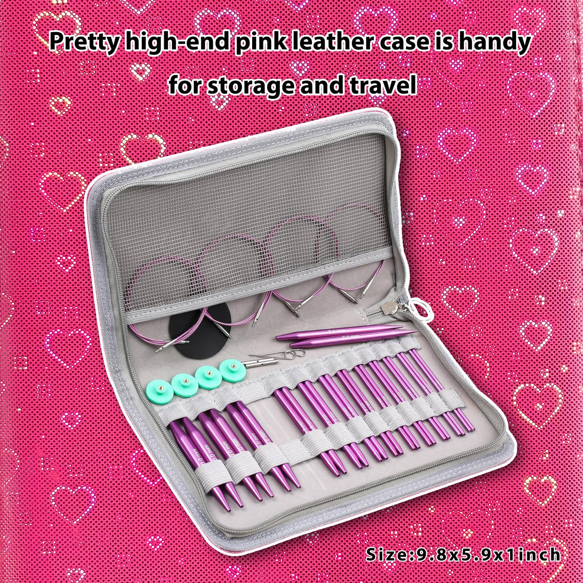 Guclud 4-Inch Interchangeable Circular Knitting Needles Set | US 2.5-15 (3.0-10.0mm) | 13-Pair of Metal Circular Needles | 4 Cables (16", 24", 32", and 40"), Accessories & Case