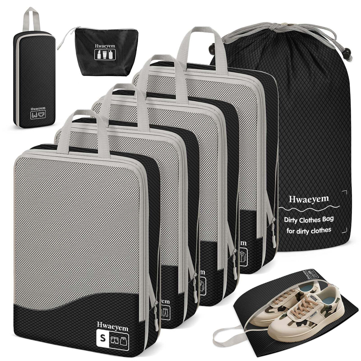 HWAEYEM Compression Packing Cubes 8 Set, Dual Zipper Compression Packing Cubes for Travel, See-Through Mesh Packing Bags for Suitcases, Packing Cube with Shoe Bag (Black)