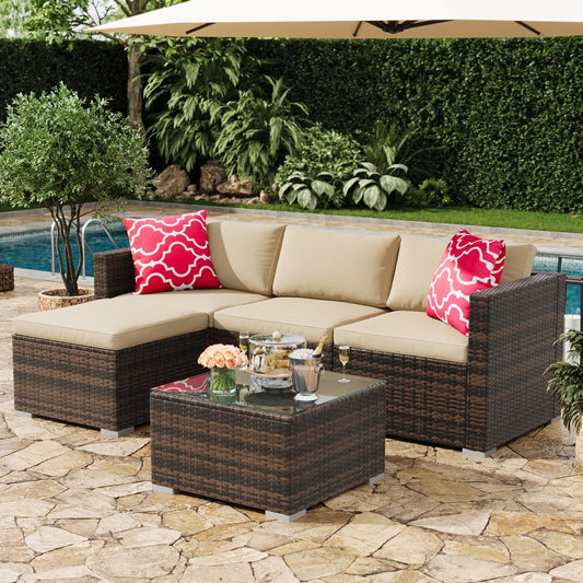 MilleLoom 5-Piece Outdoor Sectional Sofa Set, All-Weather PE Rattan Patio Furniture with Ottoman & Tempered Glass Table, Convertible Garden Couch for Backyard, Porch, Poolside (Brown/Khaki)