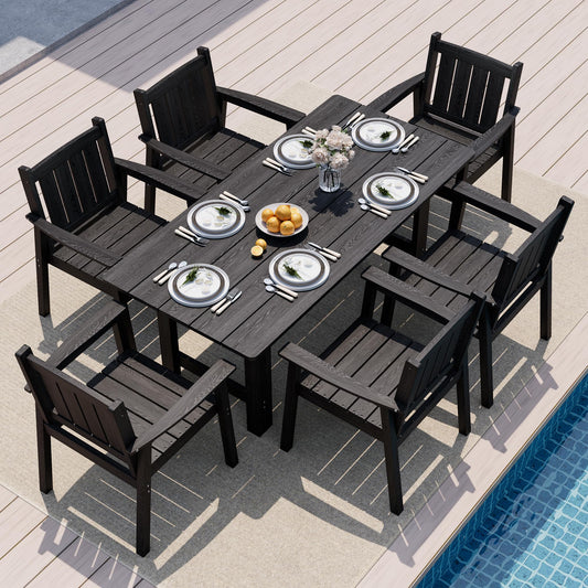 Pamapic 7 PCS Outdoor Dining Set, Spacious HDPE Outdoor Table and Chairs, Wood Grain Patio Furniture Sets with Elegant Armrest, All-Weather Patio Dining Table with Umbrella Hole, Black