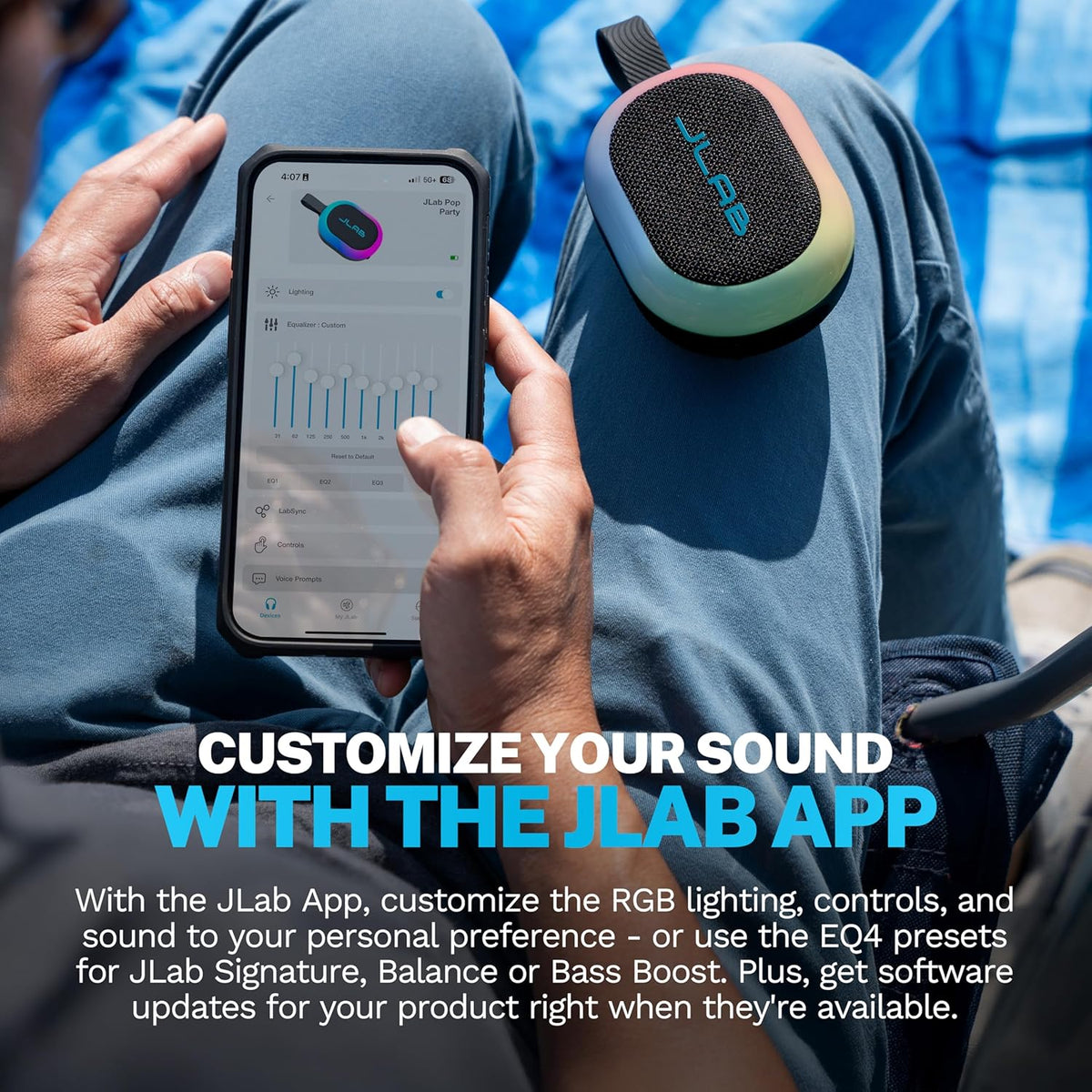 JLab 8+ IP55 100 Pop Party Portable Bluetooth Speaker, Black, Hours of Playtime, Waterproofing, Detachable Loop Handle