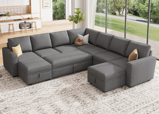 HONBAY Modular Sectional Sleeper Sofa with Pull Out Couch, Oversized U Shaped Sleeper Pull Out Bed with Storage Sectional Couches for Living Room - Dark Grey