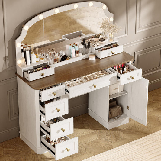 AMBERHAUS Farmhouse Makeup Vanity Desk with Mirror and Lights, 47'' Vanity Table with 8 Storage Drawers 1 Cabinet & 2 Organizer Trays, Large Dressing Table with Charging for Bedroom Rustic White