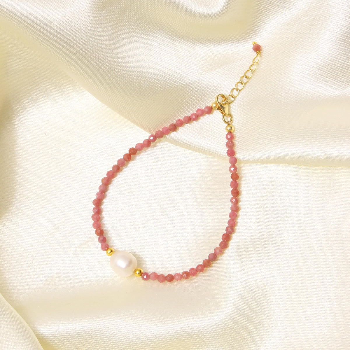 A&M Gems 2.5-3 mm Natural Rhodochrosite Round Faceted Beaded Bracelet with Pearl Crystal Jewelry, Brass Gold Plated Bracelet, 1-Inch Adjustable Chain, Handmade Bracelet, 7-Inch, Gifts for Women