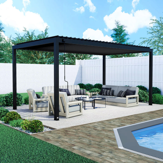 Backyard Discovery Sarasota 18' x 10' Galvanized Steel Louvered Pergola Kit with Adjustable Roof, Shade, Rain Protection, High-Wind Rating, Gutter System for Outdoor Patio, Garden, Deck, Entertaining