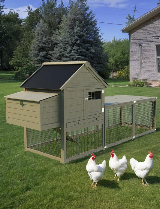 KYBOLT Rabbit Cage, Indoor and Outdoor Rabbit Hutch, Chicken Coop Small Animal Pen and Hutch Enclosure with Anti-UV Waterproof Roof, No Leak Pull Out Tray, Run and Ramp, 109in, Wood Color