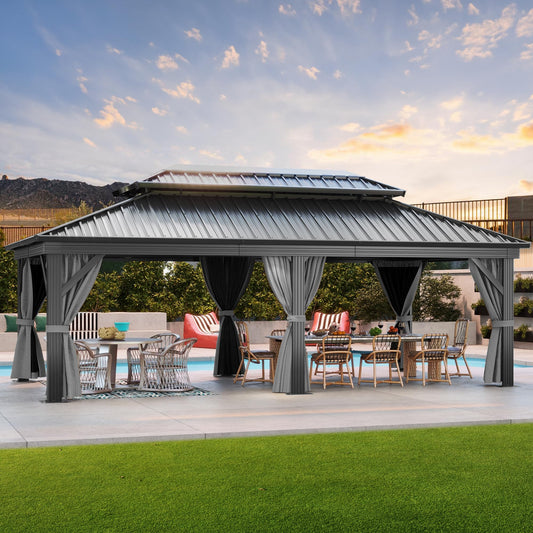 DWVO 12x18ft Hardtop Gazebo Double Roof with Nettings and Curtains, Heavy Duty Galvanized Steel Outdoor Vertical Stripes Roof for Patio, Backyard, Deck, Lawns, Gray