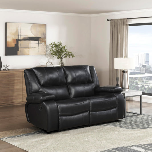 Lexicon Manual Double Reclining Loveseat - Top Grain Leather Match Manual Tab Pull Loveseat Recliner for Living Room, Wall Hugger, Pillow Top Arms, Padded Headrest, Foam Over Pocket Coils Seat, Black