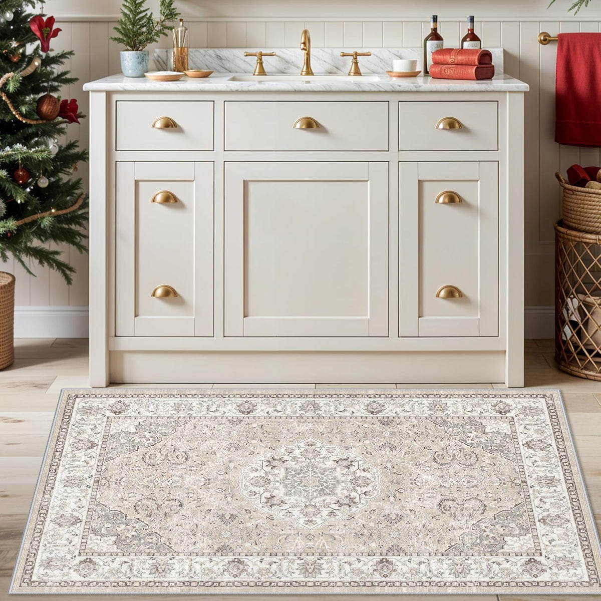 Skiennix Washable 3x4 Floor Mats - Non-Slip Water-Resistant Area Rug for Kitchen & Living Room | Beige