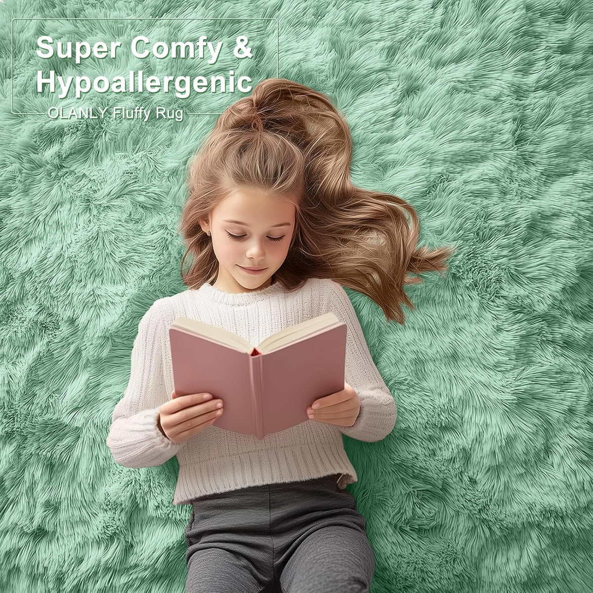 OLANLY Soft Fluffy Shaggy Bedside Rug - 3x5 Machine Washable Indoor Carpet in Mint Green for Kids & Nursery