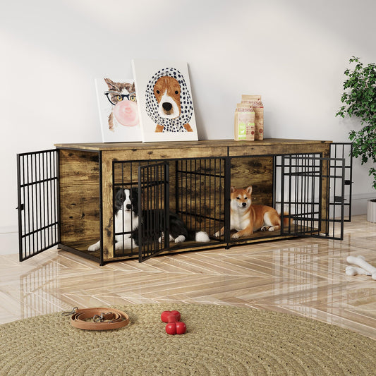 GarveeLife 78.7" Heavy Duty Dog Crate Furniture, Dog Cage Furniture with Divider,Wooden Kennel Indoor TV Stand End Table for Large/Medium Dogs, Rustic Brown