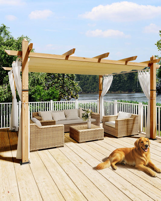 KYBOLT 10x13 Ft Outdoor Pergola with Retractable Canopy Aluminum Gazebo Imitation Wood-Grain Post with Side Mesh Screen Pavilion for Backyard Deck(Beige+White)