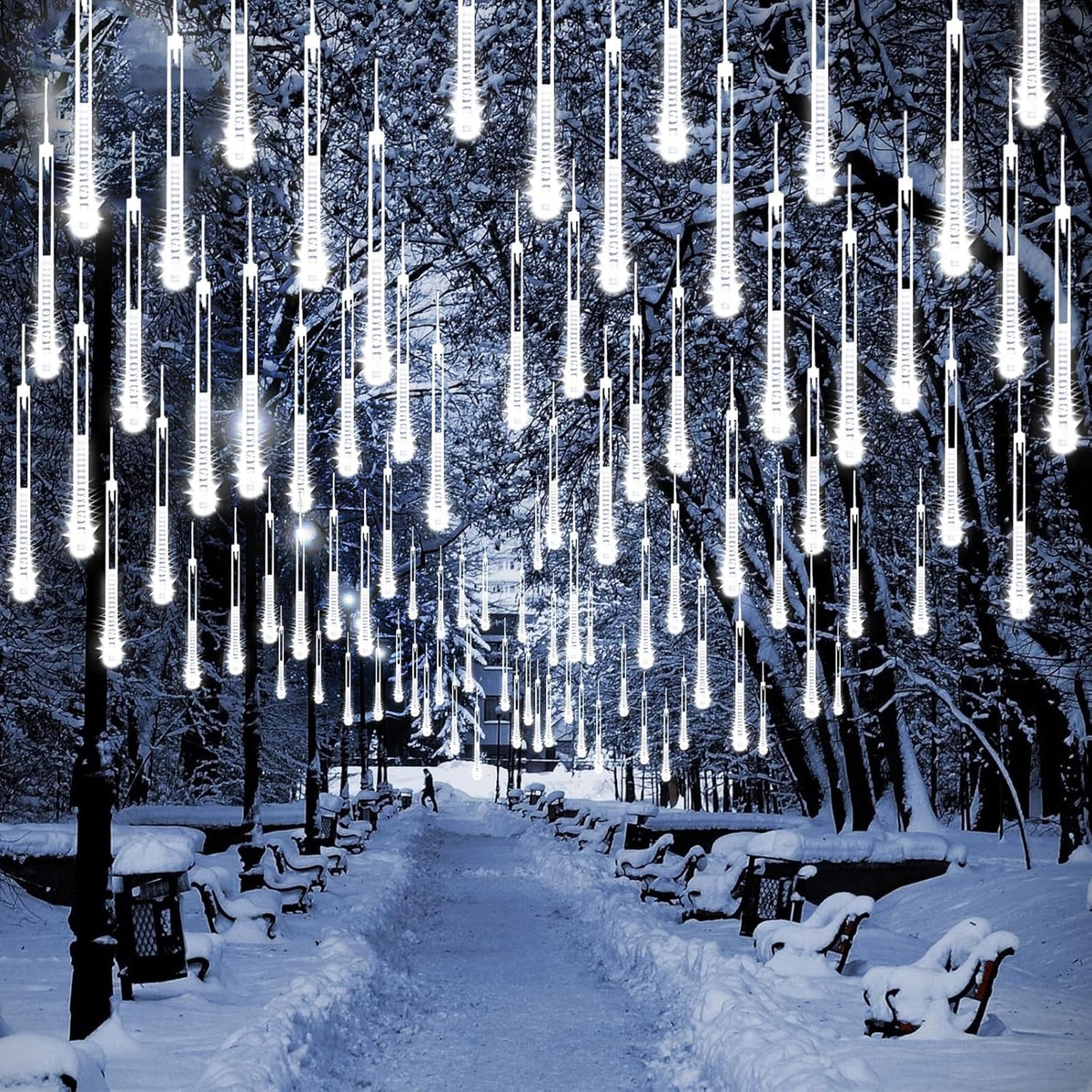 Skiennix Meteor Shower Lights - 2 Pack Outdoor Christmas Decorations with Timer | 384 LED, 30cm Tubes, Cool White